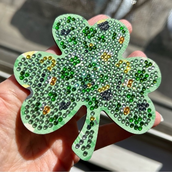 2/$16 - No. 01 - Sparkly, Diamond Art Shamrock Clover Holiday Coaster, Green - Picture 4 of 17